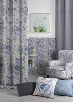 Тюль-рогожка с рисунком для гостиной детской спальни кухни голубые цветы на серо-бежевом фоне