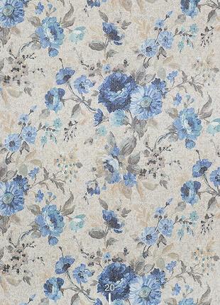 Тюль-рогожка с рисунком для гостиной детской спальни кухни голубые цветы на серо-бежевом фоне
