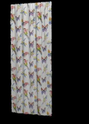Декоративна тканина для портьєр римських штор, покривал іспанія різнокольорові птахи і метелики на білому фоні5 фото