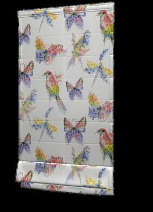 Декоративна тканина для портьєр римських штор, покривал іспанія різнокольорові птахи і метелики на білому фоні6 фото