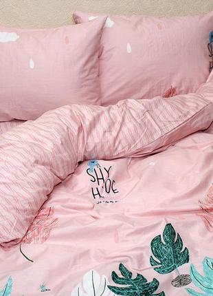 Семейный комплект постельного белья, украина, ткань сатин люкс, листья, розовый  с компаньоном2 фото