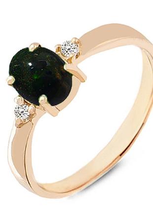 Золотое кольцо с черным опалом и бриллиантами 0,06 карат