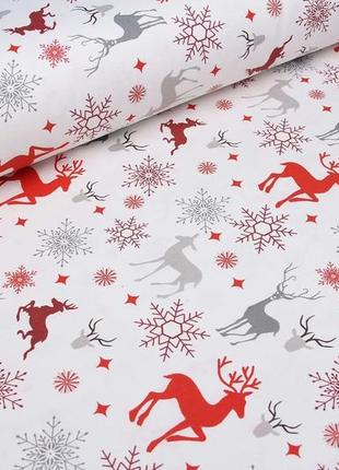 Новорічна тканина, бавовна з тефлоном, для штор, скатертин, серветок, туреччина, сіро-червоні олені на білому