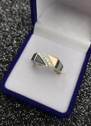 🇺🇦 перстень чоловічий срібло 925° золоті пластини 375° вставка кубічний цирконій, онікс, печатка чоловіча , мужское кольцо 0709.105 фото