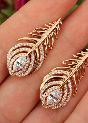 Сережки xuping jewelry пір'я з каменем 3,5 см золотисті