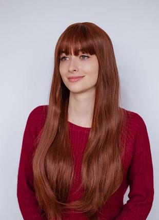Длинный рыжий парик ровные волосы с челкой