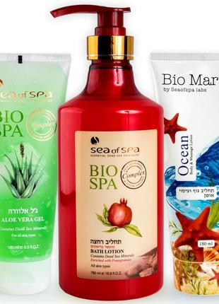 Набор для тела 3в1 - гель для ванн bio spa гранат + лосьон для тела bio marine океан + гель алоэ вера1 фото