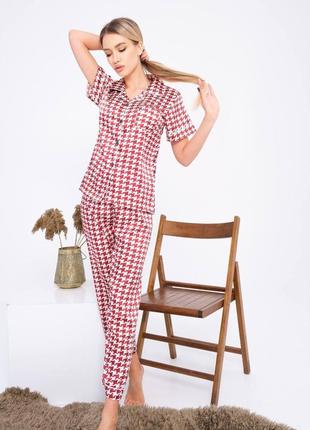 Женская шелковая пижама-костюм, гусиная лапка красная