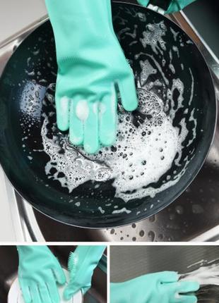Рукавиці для миття посуду силіконові зелені gloves for washing dishes bf6 фото