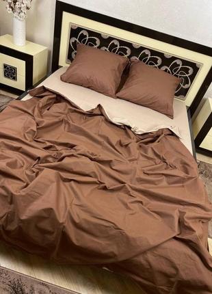 Комплект постельного белья однотонный шоколад / беж семейный bf2 фото