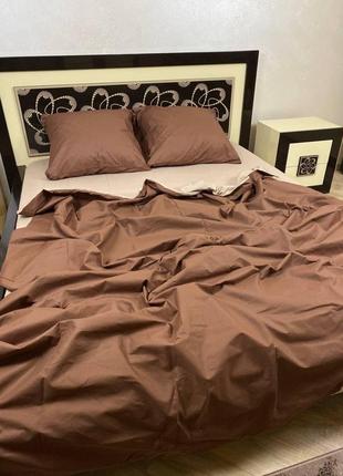 Комплект постельного белья однотонный шоколад / беж семейный bf5 фото