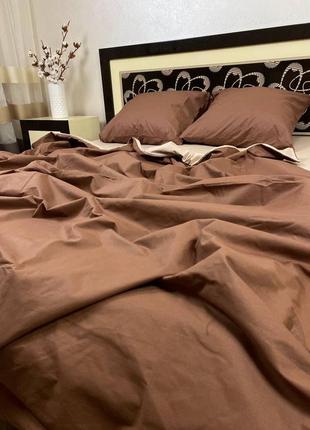 Комплект постельного белья однотонный шоколад / беж семейный bf4 фото