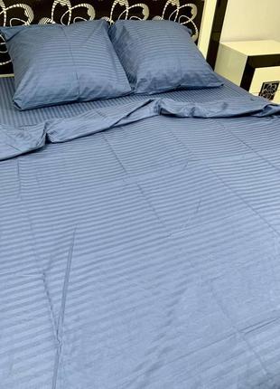 Комплект постельного белья страйп сатин серо-синий двуспальный bf4 фото