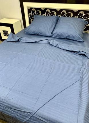 Комплект постельного белья страйп сатин серо-синий двуспальный bf7 фото