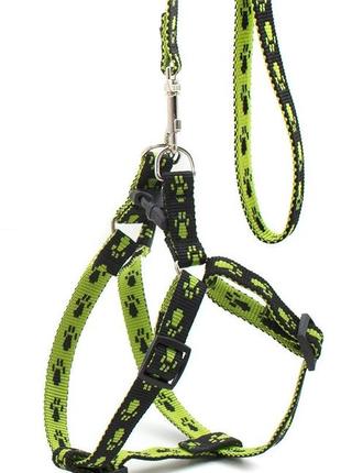 Шлейка + поводок капроновая "лапки" (зелена) 1,6мм