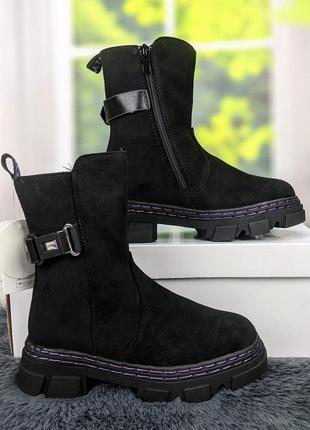 Ботинки зимние для девочки подростковые черные замшевые с ремешком kimboo