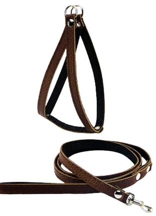 Шлейка `лодочка` + поводок кожа строченные с подкладом коричневая