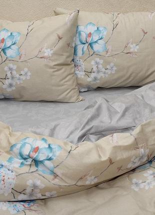 2-х спальний комплект постільної білизни, україна, тканина сатин люкс, квіти, бежевий з компаньйоном2 фото