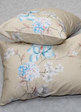 2-х спальний комплект постільної білизни, україна, тканина сатин люкс, квіти, бежевий з компаньйоном5 фото