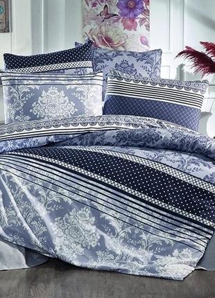 2-х спальний комплект постільної білизни ранфорс бавовна 100% класика сірий з синім з компаньйоном r-t9140