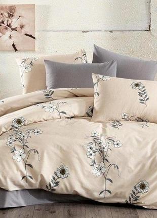 Комплект постельного белья 1,5-спальный ранфорс турция цветы серый с бежевым компаньоном r-t9229