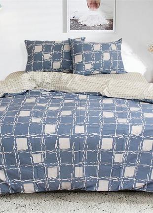 Комплект постельного белья, 1,5-спальный, украина, ткань сатин люкс, клетка, кремовый и серо-голубой