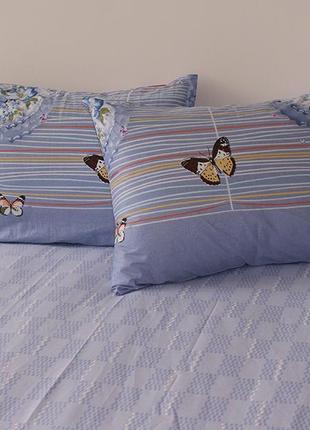 2-х спальний комплект постільної білизни, україна, тканина сатин люкс, метелики, блакитний з компаньйоном3 фото