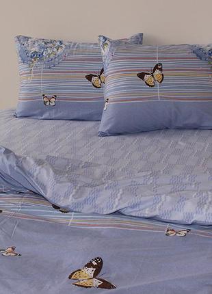 2-х спальний комплект постільної білизни, україна, тканина сатин люкс, метелики, блакитний з компаньйоном2 фото