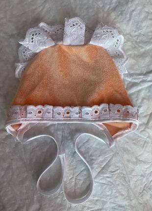 Чепчик дитячий для дівчинки для немовлят шапочка із зав’язками з рюшами бархана шапочка велюрова шапка чепчик дитячий для немовлят