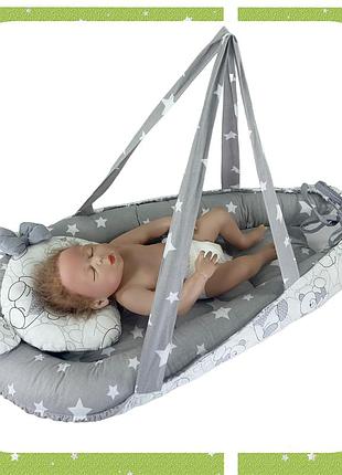 Кокон для новорожденных с подушкой ортопедической серый