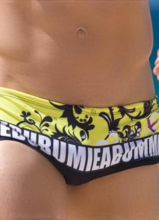 Чоловічі пляжні плавки обтягуючі жовто-чорні зі шнурком aussiebum m3 фото