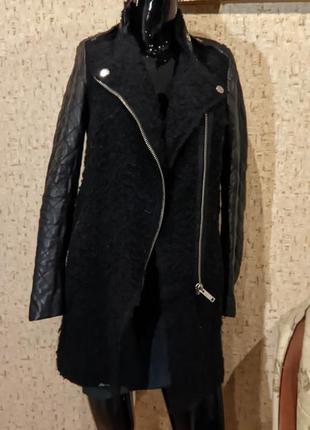 Пальто букле с кожаными рукавами zara7 фото