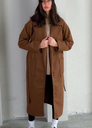 Пальто халат на запах с поясом осень длинное кэмел коричневое шоколад черное1 фото