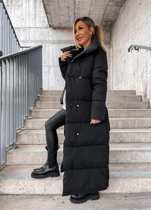 Жіноче пальто довге чорне 5039 без капюшона зима (42-46 48-52 оверсайз розмір батал)