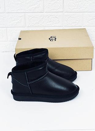 Ugg mini leather жіночі низенькі шкіряні уггі зима шкіра чорні угг міниugg mini black leather