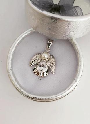 Підвіска срібна кулон жіночий "ангел " з перлиною та цирконами ангелик охоронець2 фото