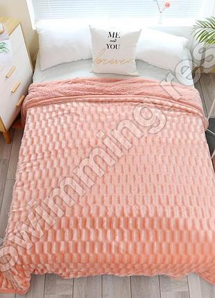 Двостороннє покривало плед хутряний "норка" травка євро 220x240 см кораловий в подарунковій сумці