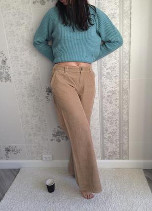 Женские широкие  прямые бежевые вельветовые брюки .8 фото