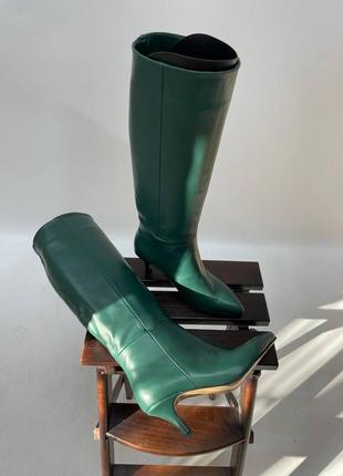 Жіночі чоботи з натуральної шкіри в зеленому кольорі на каблуку 6см2 фото