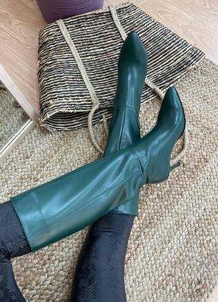 Жіночі чоботи з натуральної шкіри в зеленому кольорі на каблуку 6см3 фото