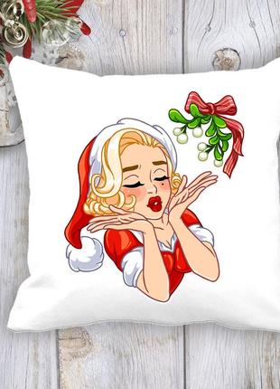 Подушка з новорічним принтом мерилін монро в новорічному костюмі і омела