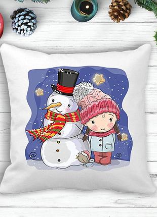 Подушка с новогодним принтом девочка и снеговик