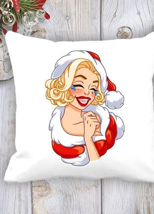 Подушка з новорічним принтом мерилін монро в новорічному костюмі