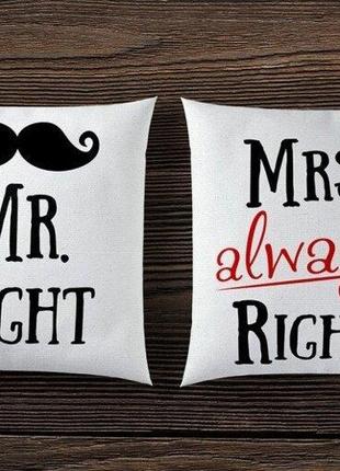 Парные декоративные подушки с принтом "mr. right. mrs. always right"