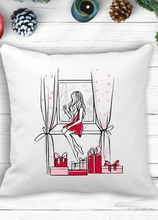 Подушка з новорічним принтом дівчина біля вікна з подарунками
