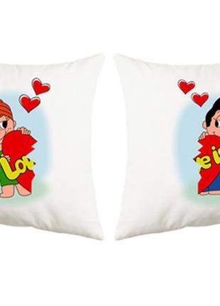 Парні декоративні подушки з принтом "love is..."1 фото
