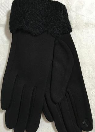 Женские перчатки рыжие чёрные  и синие с сенсором и ажурным довязом сверху1 фото