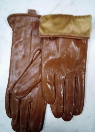 Кожаные женские перчатки  цвет коричневый2 фото