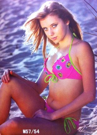 Купальник раздельній чашка пушап  розовый с салатовым с рюшами 38