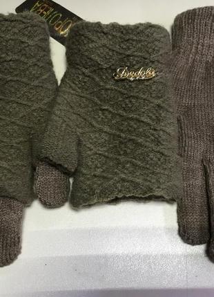 Женские  и подростковые вязаные перчатки с митенками  светло коричневые3 фото